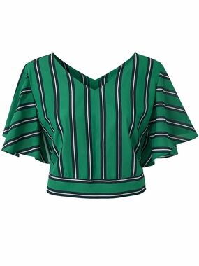 🌿 Japna Green + Navy Striped Tie-Back Blouse | SIZE LARGE | Flowy + Chic